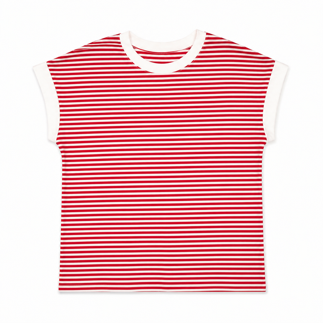 Red and white striped sleeveless shirt on a white background