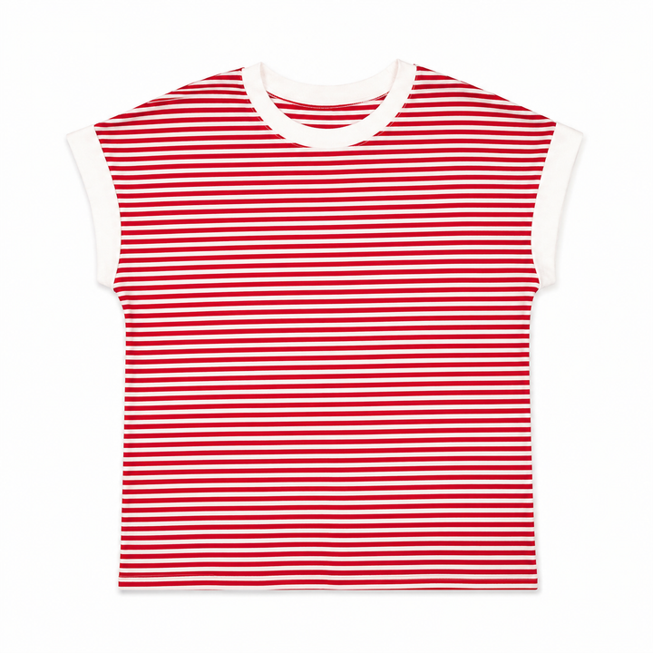 Red and white striped sleeveless shirt on a white background