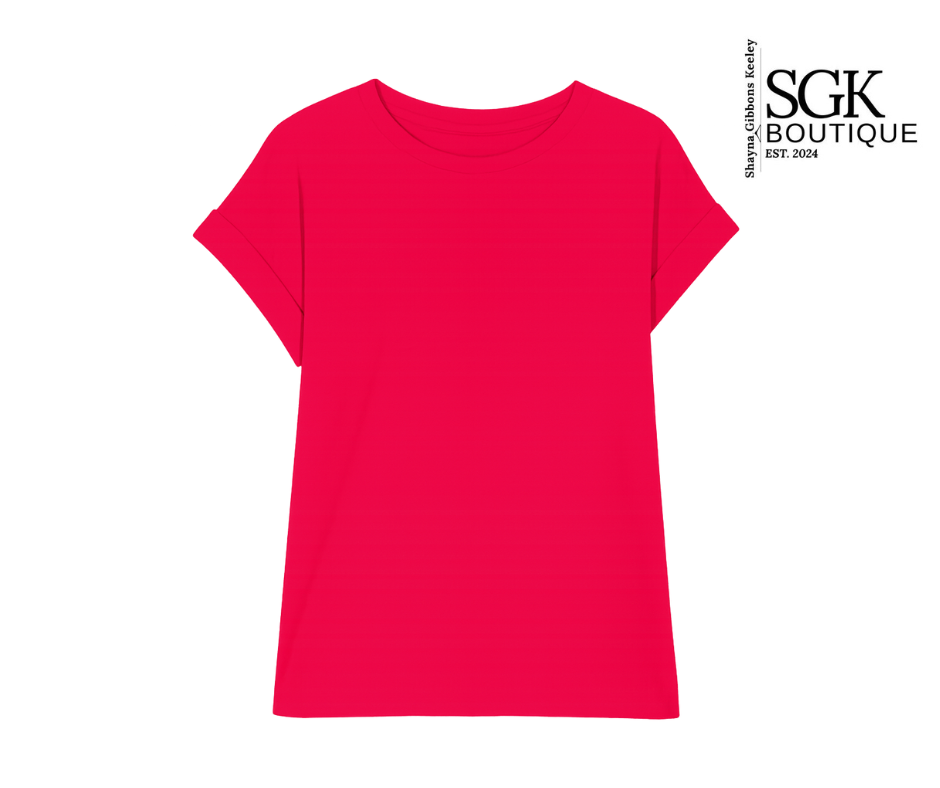 Red t-shirt on a white background with SGK Boutique logo.