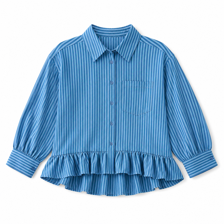 Blue striped shirt with ruffled hem on a white background