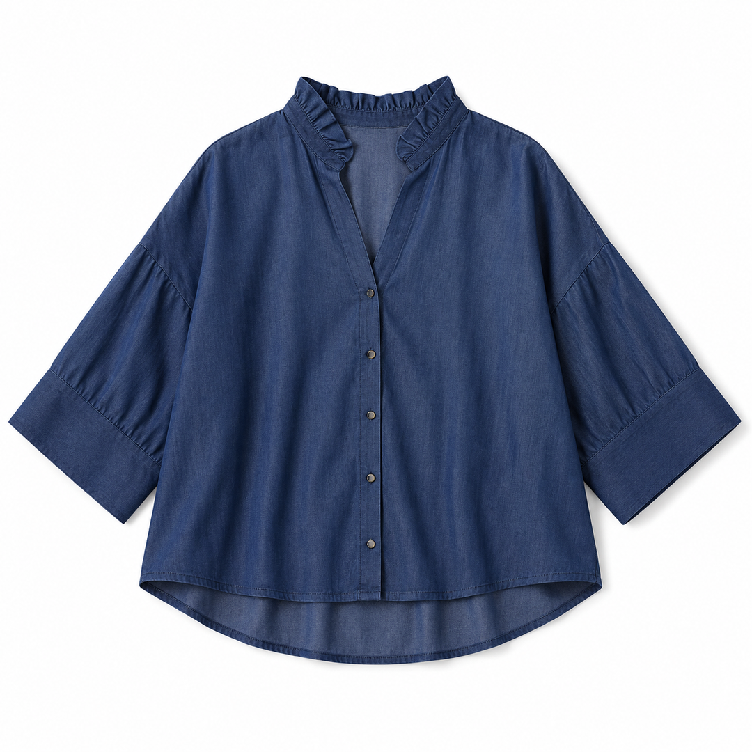Blue blouse with ruffled collar on a white background