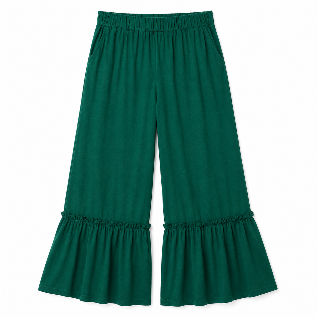 Green wide-leg pants with ruffled bottom hem on a white background