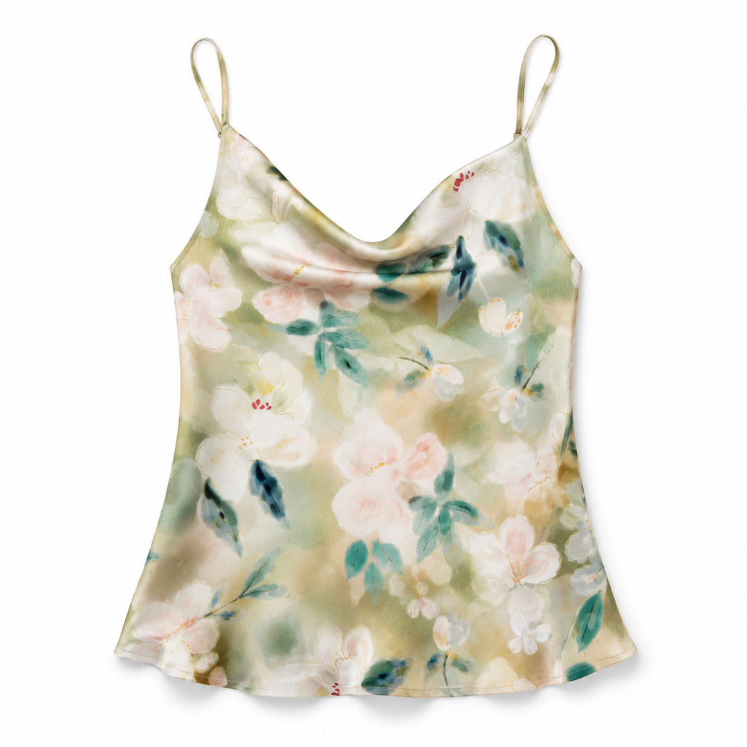 A satin camisole top with a watercolor floral print in soft beige, white, and green tones, featuring thin spaghetti straps and a ruffled hem, shown against a plain white background.
