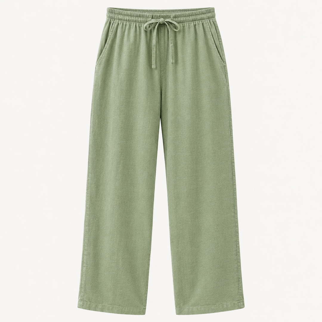 Light sage green wide-leg lounge pants with an elastic drawstring waistband, displayed on a clean white background.
