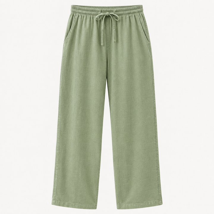 Light sage green wide-leg lounge pants with an elastic drawstring waistband, displayed on a clean white background.