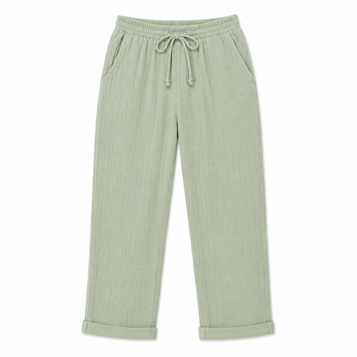 Light green pants with drawstring on a white background
