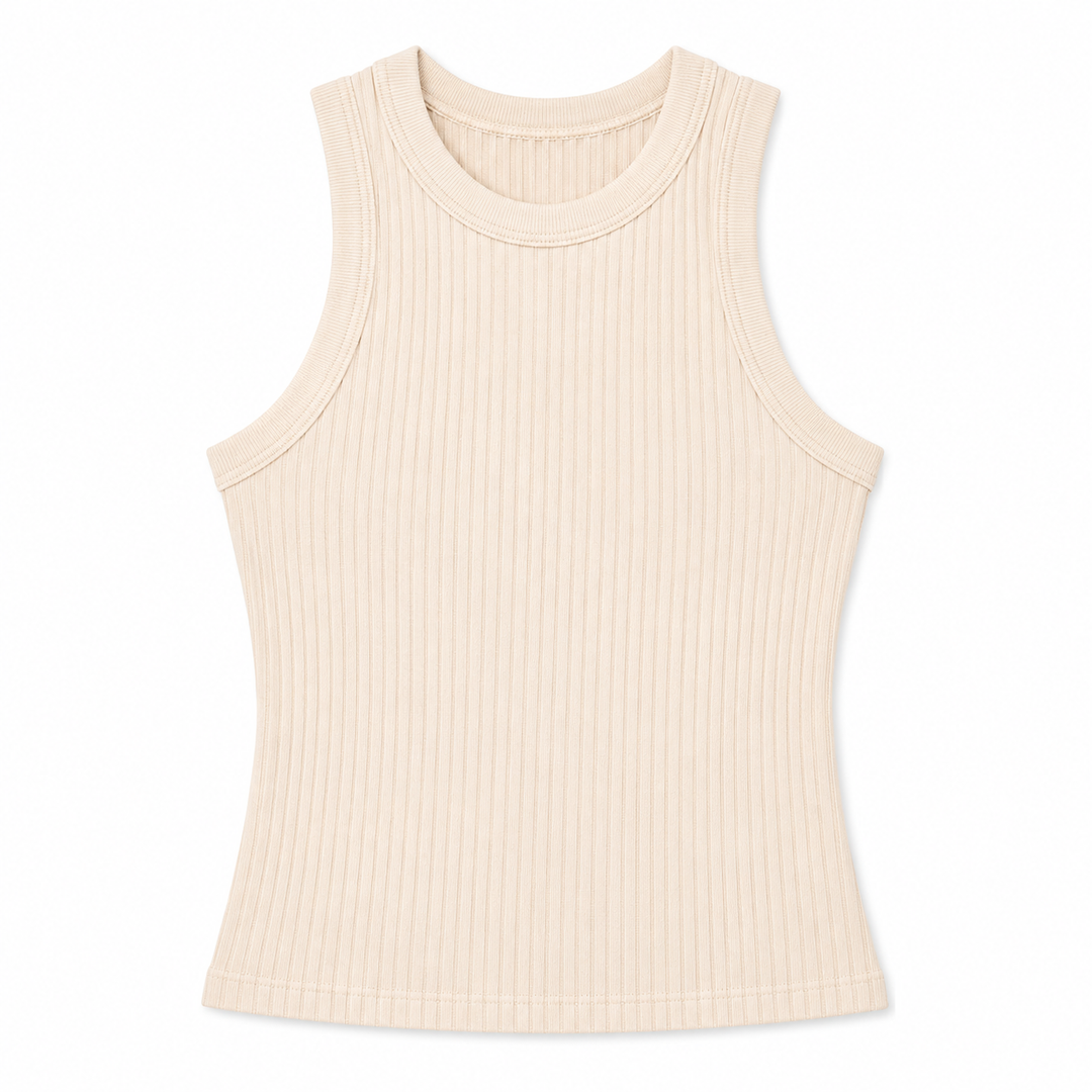 Beige ribbed tank top on a white background