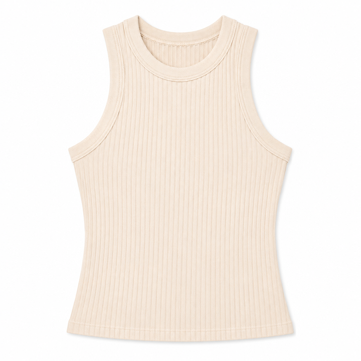 Beige ribbed tank top on a white background