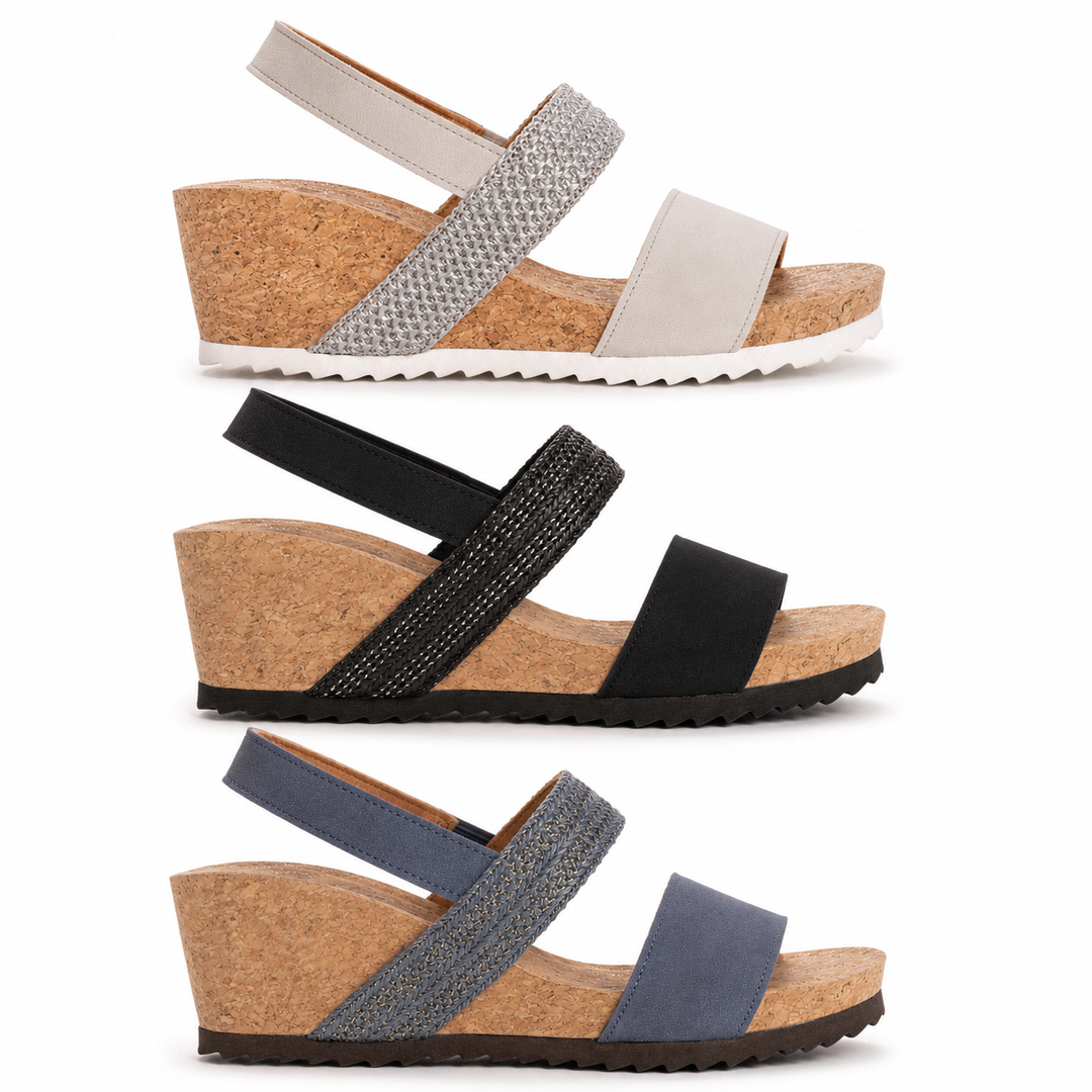 Three pairs of wedge sandals in different colors on a white background