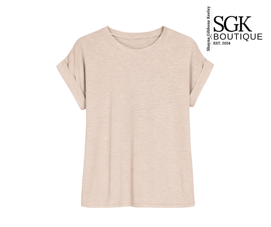 Beige t-shirt on a white background with SGK Boutique logo.