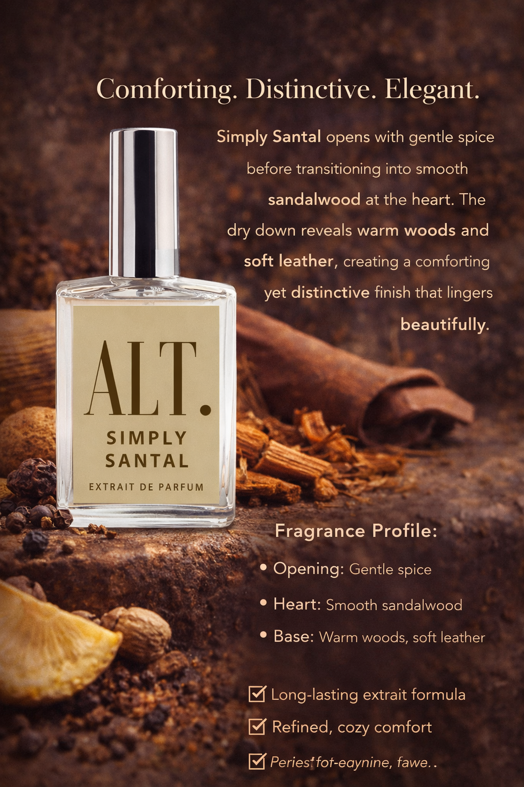 Santal perfume bottle with descriptive text on a wooden background