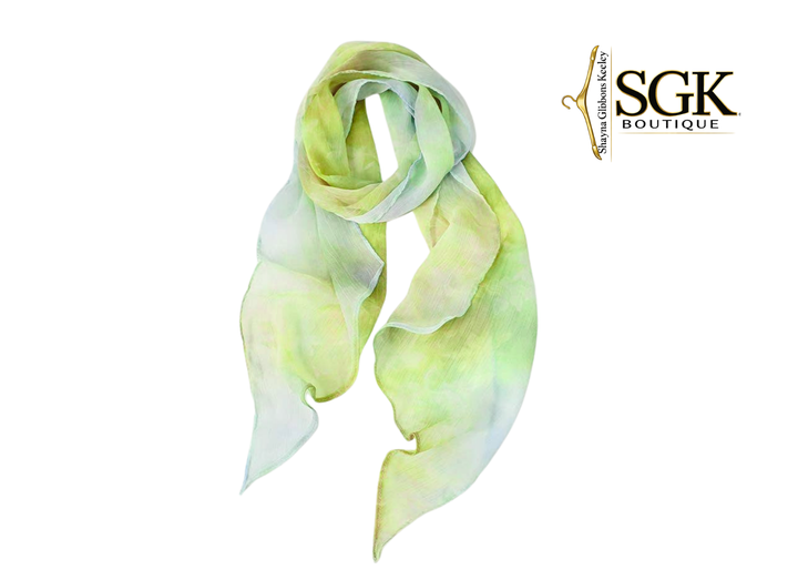 Green and white scarf with SGK Boutique logo on a white background