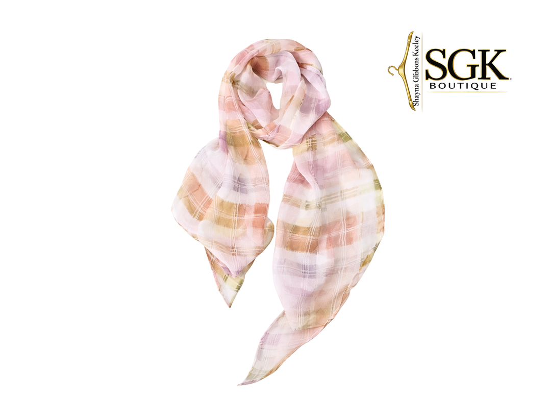 Plaid scarf with pink and beige tones on a white background, featuring the SGK Boutique logo.
