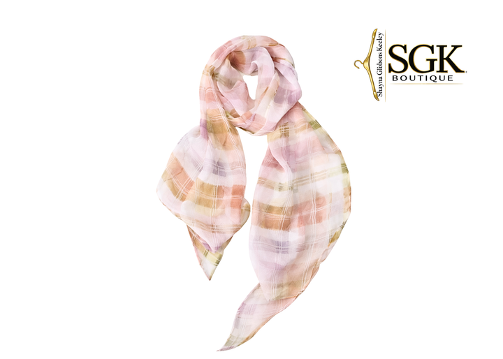 Plaid scarf with pink and beige tones on a white background, featuring the SGK Boutique logo.