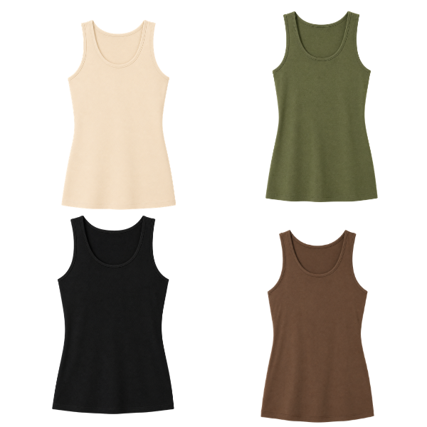Four tank tops in beige, green, black, and brown on a white background