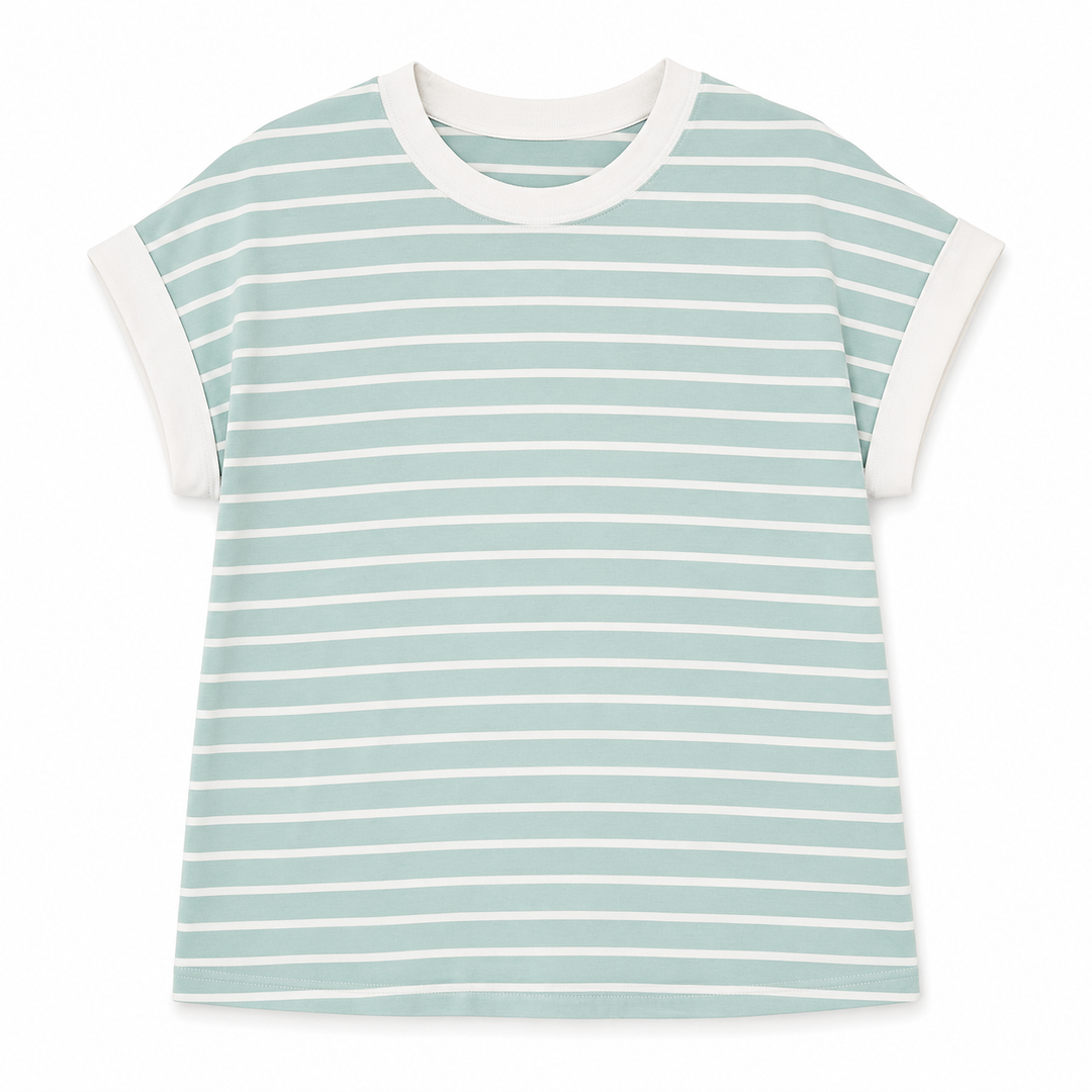 A short-sleeve ringer t-shirt with horizontal sage green and white stripes, featuring solid white trim on the crew neck and sleeve cuffs, displayed against a clean white background.