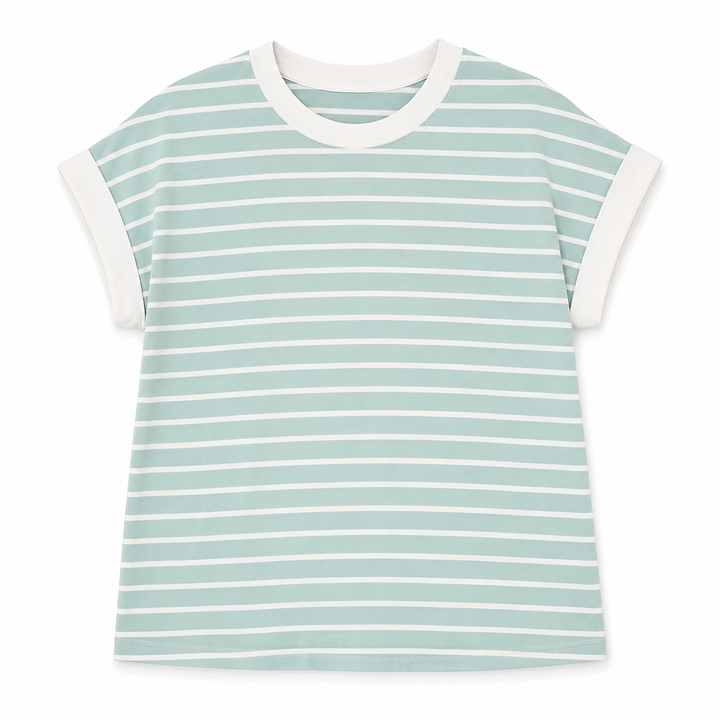 A short-sleeve ringer t-shirt with horizontal sage green and white stripes, featuring solid white trim on the crew neck and sleeve cuffs, displayed against a clean white background.