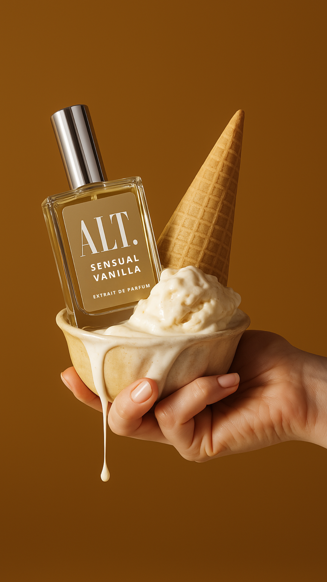 Hand holding a bowl of ice cream with a bottle labeled &