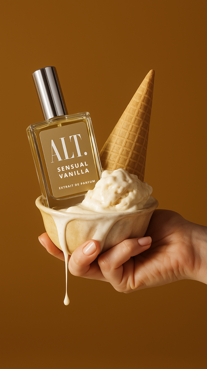 Hand holding a bowl of ice cream with a bottle labeled &