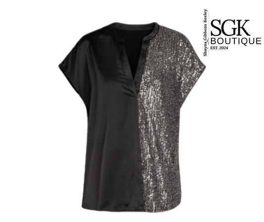 Black top with sequin panel on a white background, featuring SGK Boutique branding.