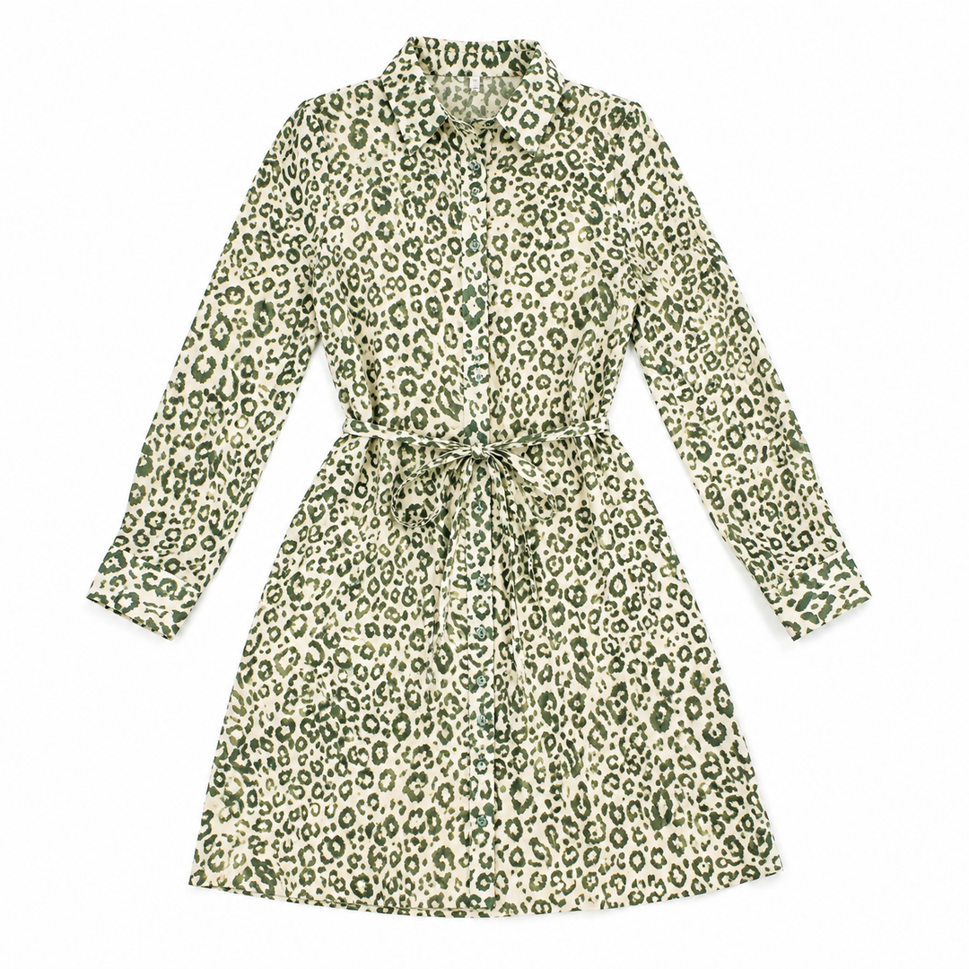 A long-sleeve collared shirt dress with a green and beige leopard print pattern, featuring a matching tie belt at the waist, shown flat on a white background.