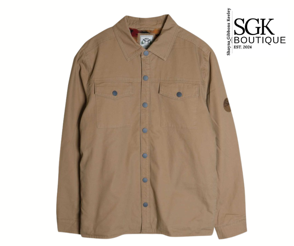 Tan jacket with button details on a white background, featuring the SGK Boutique logo.