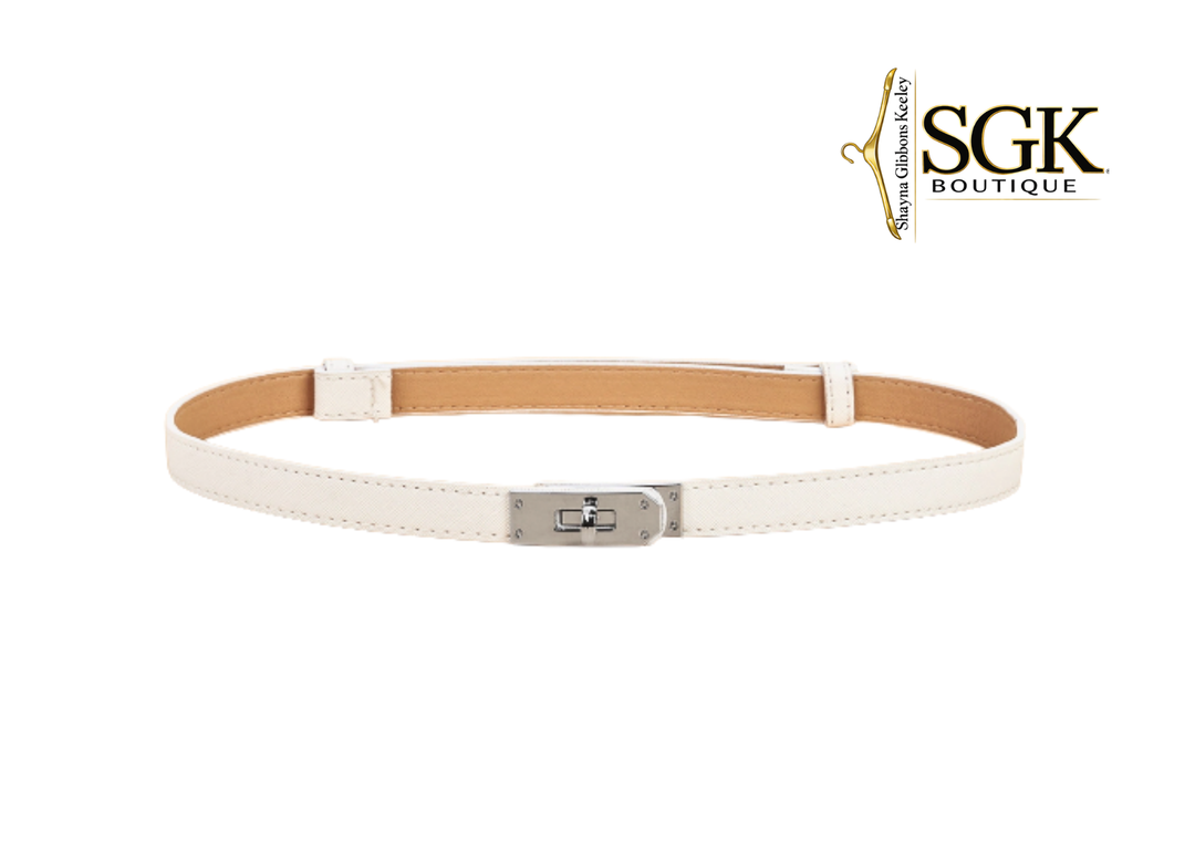 White belt with a silver buckle on a white background, featuring the SGK Boutique logo.