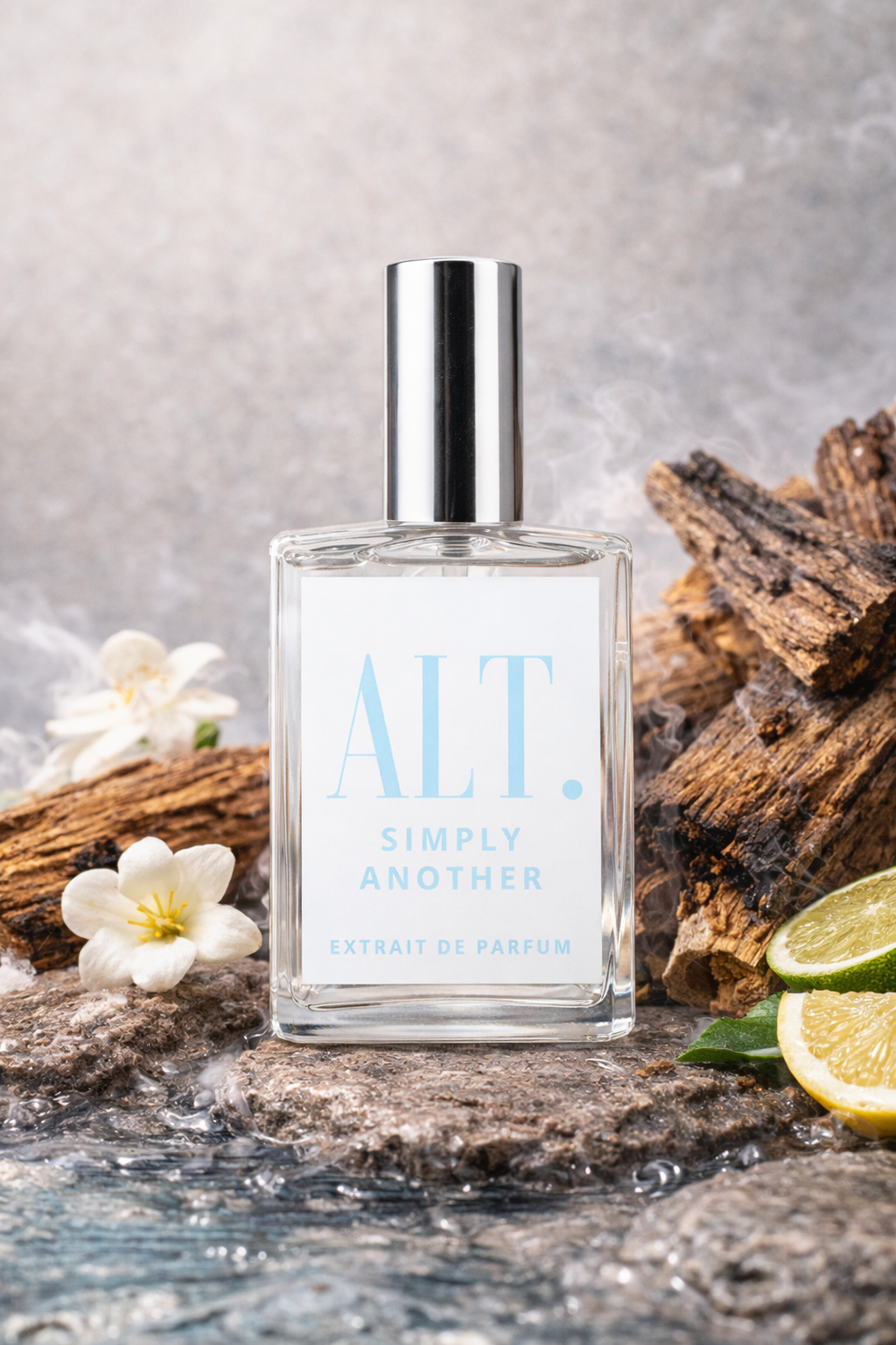 Perfume bottle labeled 'ALT. Simply Another' with flowers and wood on a textured surface