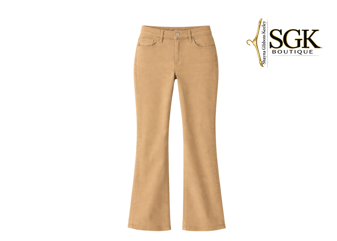 Beige pants on a white background with SGK Boutique logo.