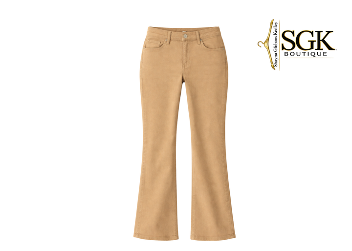 Beige pants on a white background with SGK Boutique logo.