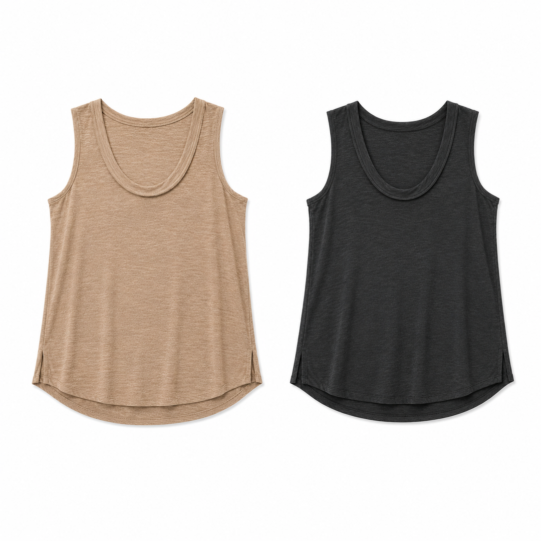 Two tank tops, one beige and one black, on a white background