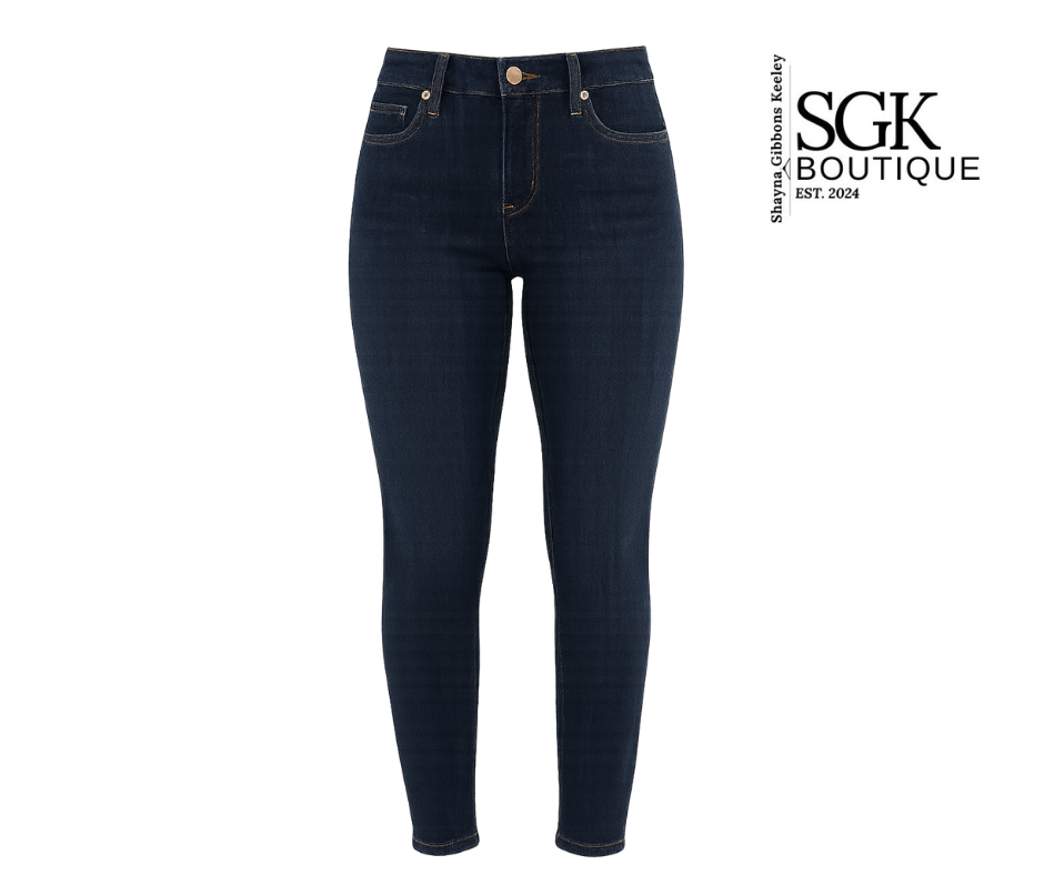 Dark blue jeans on a white background with SGK Boutique logo.