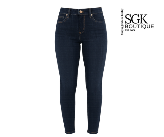 Dark blue jeans on a white background with SGK Boutique logo.