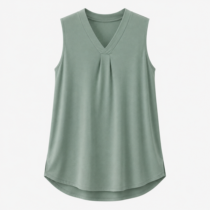 A sage green sleeveless V-neck top with a gathered pleated neckline, displayed on a clean white background.