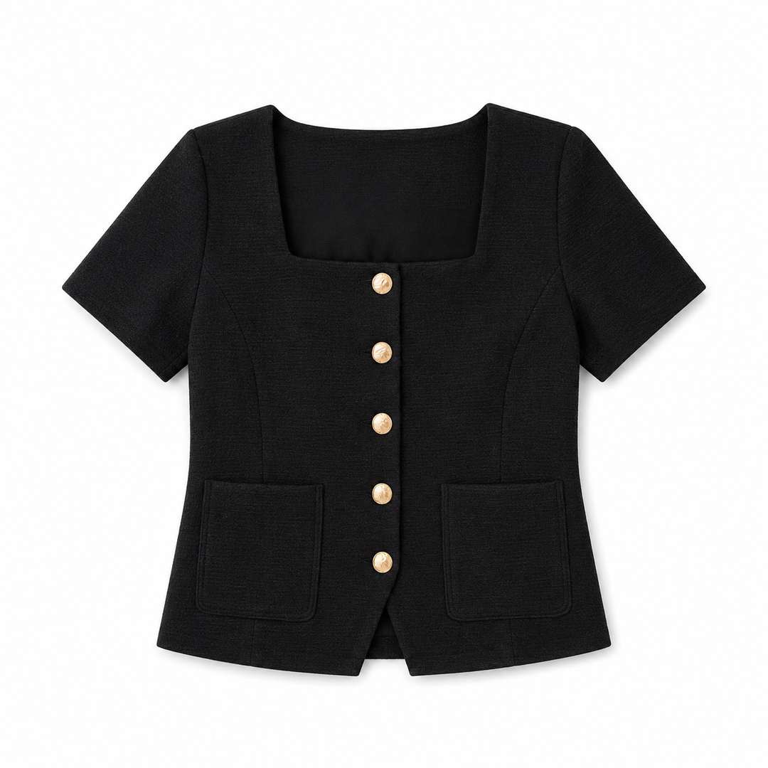 A black short-sleeve top with a square neckline, a front button closure with gold-tone buttons, and two front patch pockets, shown on a plain white background.