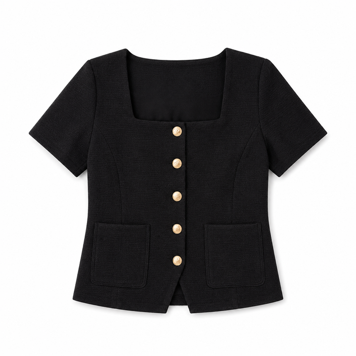 A black short-sleeve top with a square neckline, a front button closure with gold-tone buttons, and two front patch pockets, shown on a plain white background.