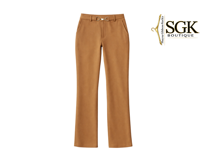 Tan pants with a belt on a white background, featuring the SGK Boutique logo.