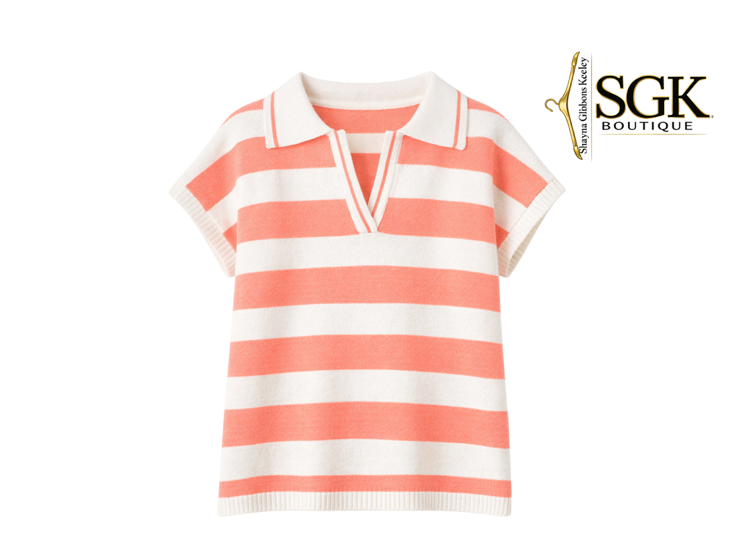 Coral and white striped polo shirt on a white background with SGK Boutique logo.