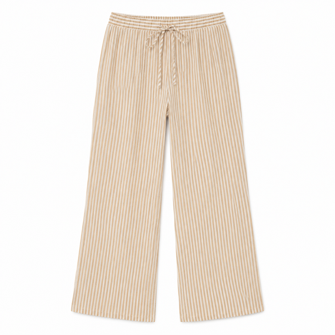 A pair of wide-leg pants featuring a vertical beige and white stripe pattern, a matching drawstring waist, and a relaxed straight-leg silhouette, shown flat against a plain white background.