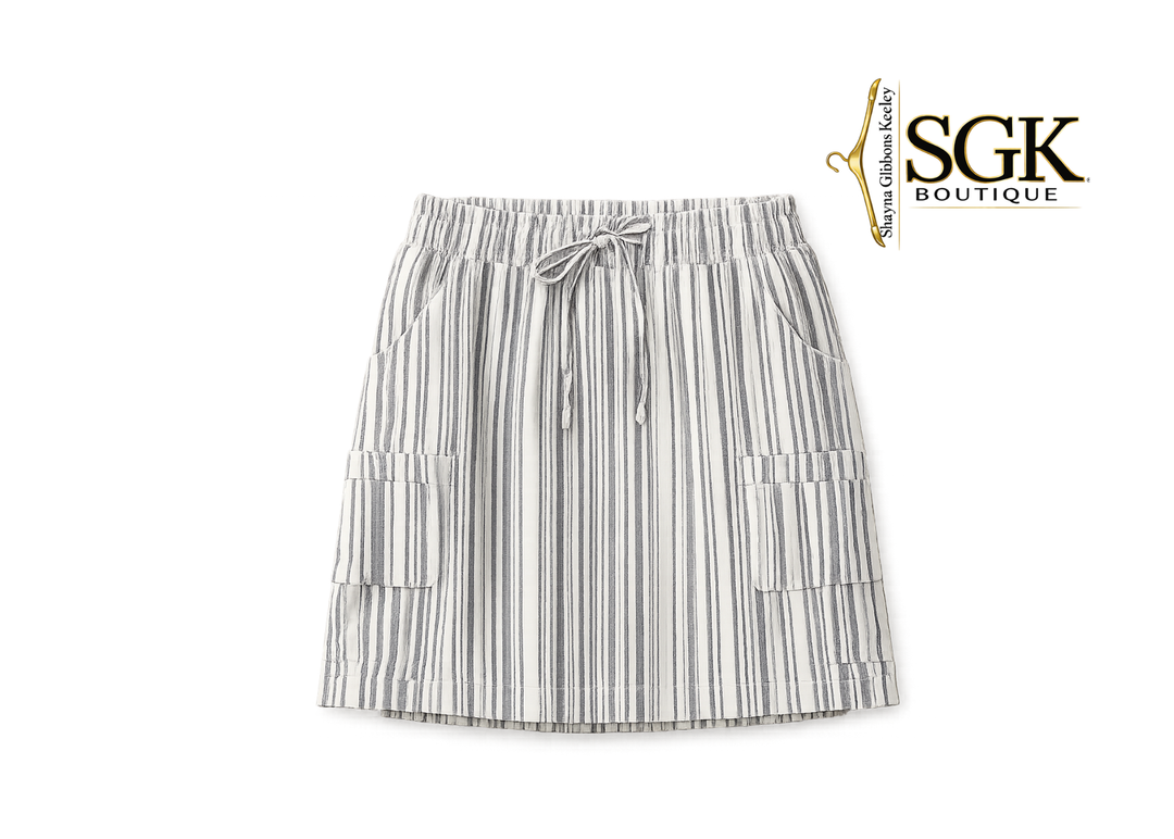 Striped skirt with drawstring on a white background, featuring the SGK Boutique logo.