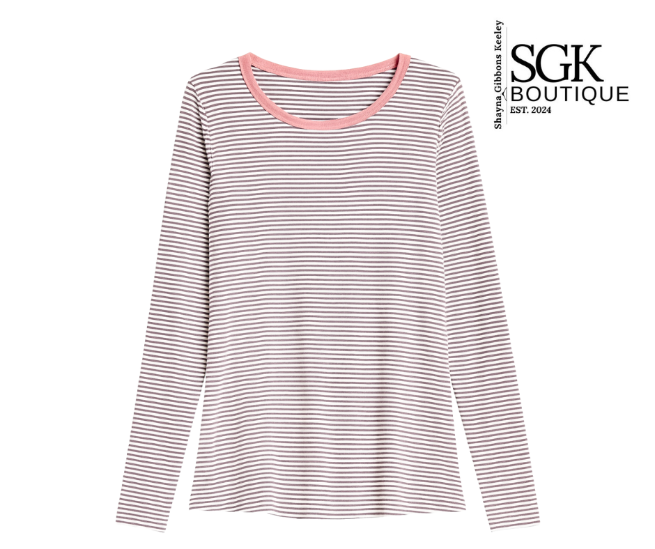 Striped long-sleeve shirt with pink neckline on a white background, featuring SGK Boutique logo.
