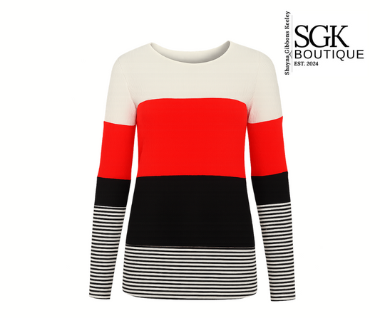Color-blocked sweater with red, black, and white design on a white background, featuring SGK Boutique logo.
