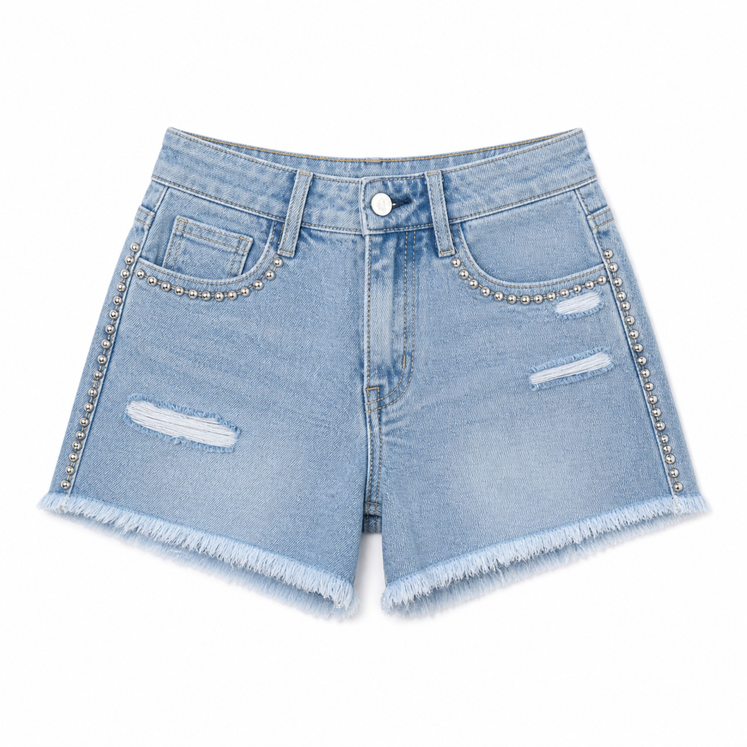 Light blue denim shorts with embellishments on a white background