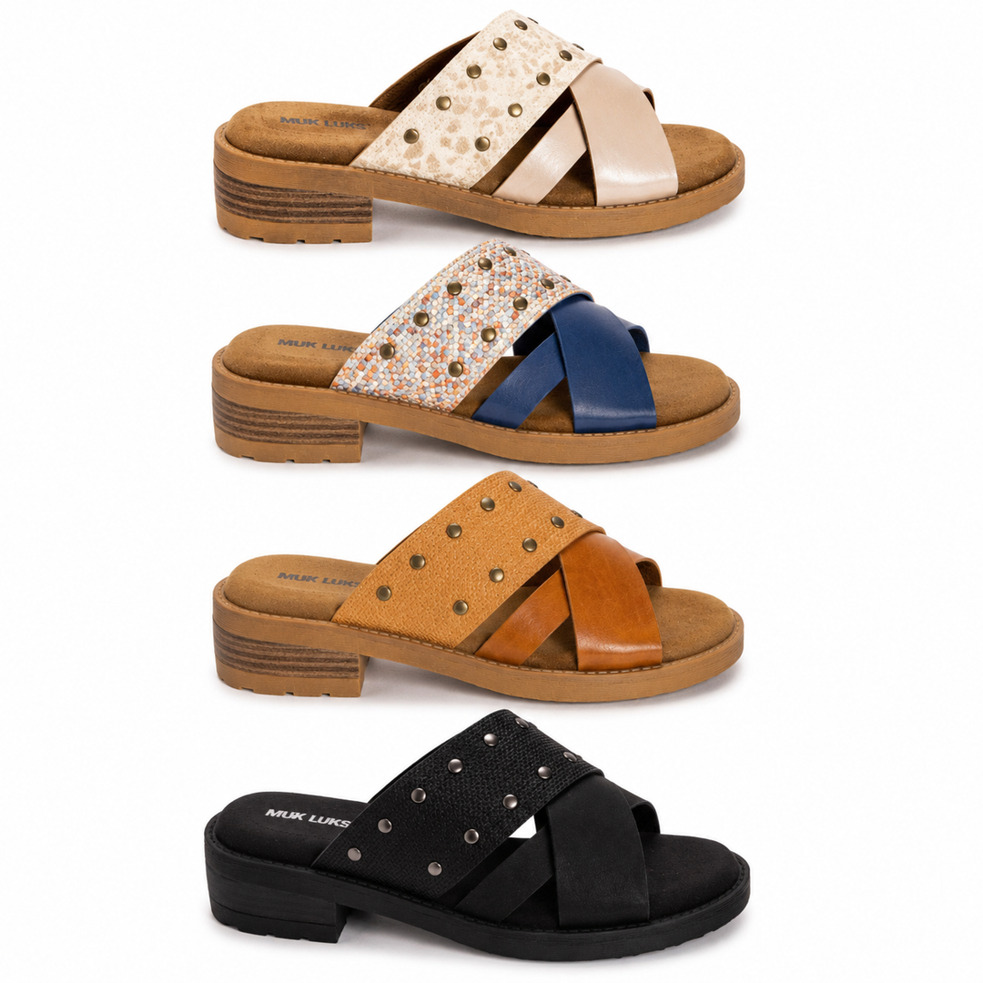 Four pairs of sandals in different colors on a white background