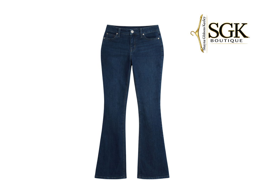 Blue jeans on a white background with SGK Boutique logo.