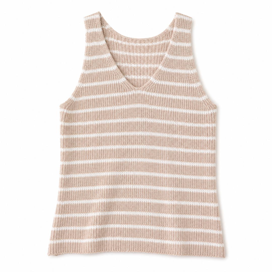 Beige and white striped tank top on a white background