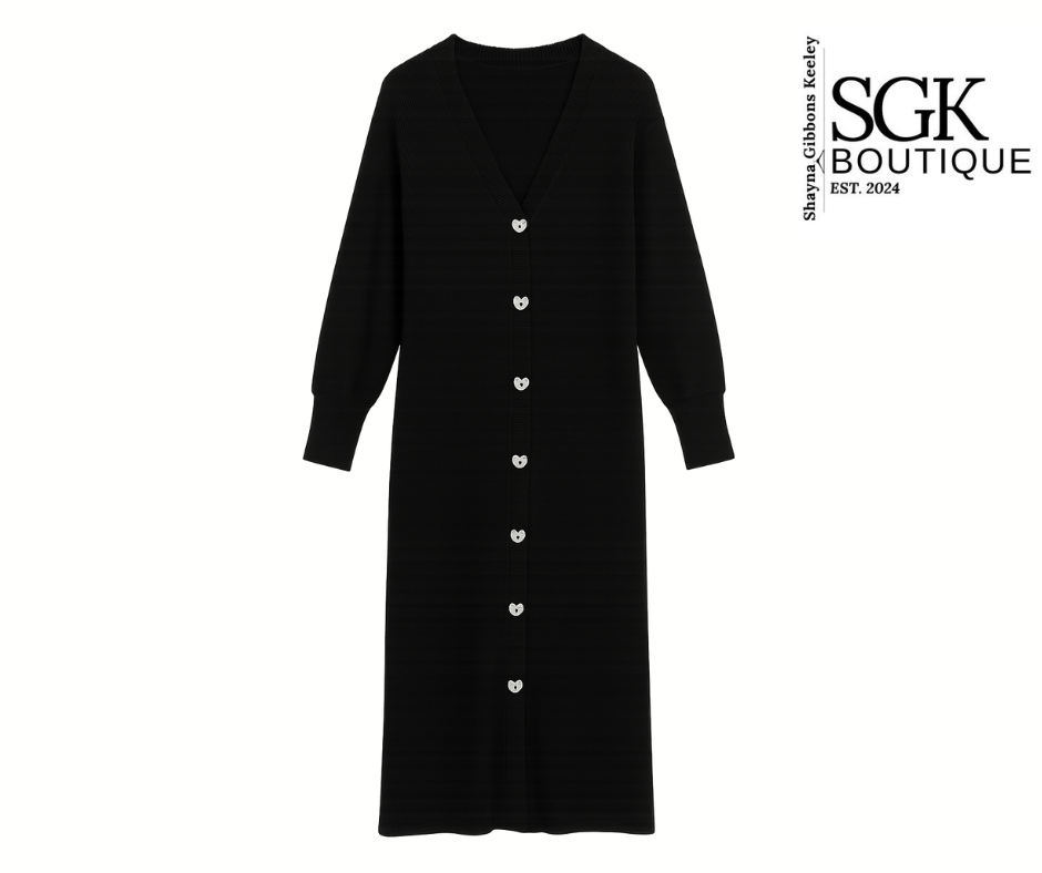 Black cardigan with buttons on a white background, featuring SGK Boutique logo.
