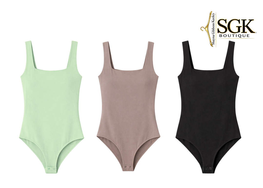 Three swimsuits in green, brown, and black on a white background with SGK Boutique logo.