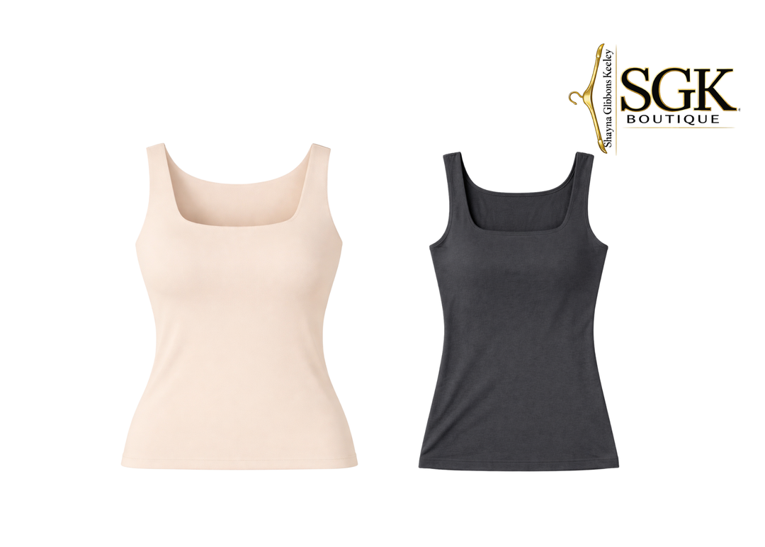 Two tank tops, one beige and one black, on a white background with SGK Boutique logo.