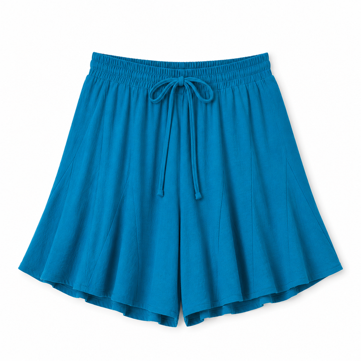 Blue shorts with a drawstring on a white background